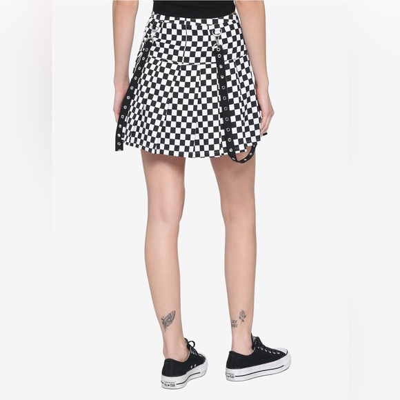HOT TOPIC Silver Grommet Pleated Checkered Suspender Skirt Dress Black White  L - Picture 2 of 12